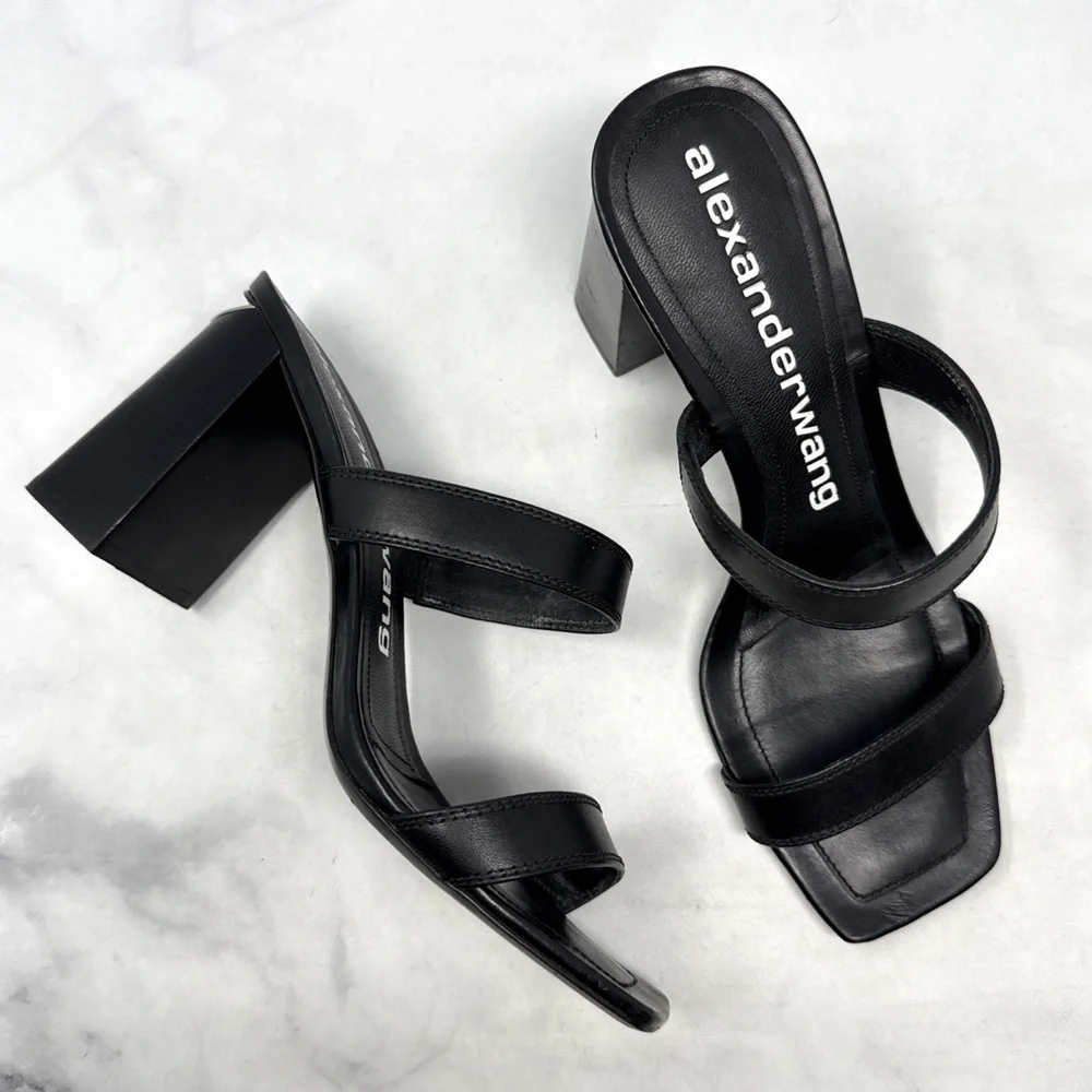 Alexander Wang Hayden Leather Square Toe Minimalist Slide Mule Sandal Heel Black